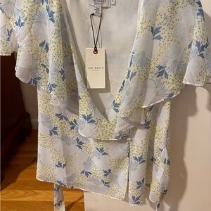 Ted Baker Women's Floral Wrap Blouse - Blue and Cream - Size 2 - Ted Baker